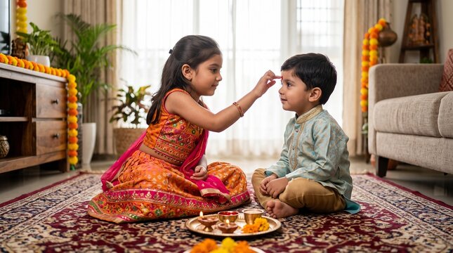 Adorable Indian siblings celebrate a traditional festival at home, with the sister lovingly applying tilak to her brother's forehead. Dressed in vibrant ethnic attire, they partake in a cultural ri...