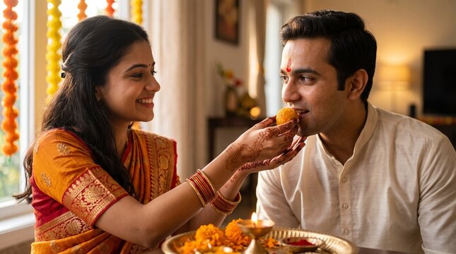 An Indian wife lovingly feeding a traditional sweet to her husband during the Diwali festival celebration at home. The couple wears traditional ethnic attire, surrounded by warm festive lighting an...