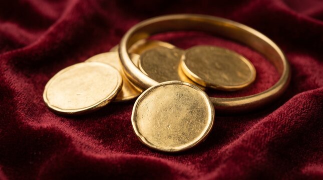 A close-up shot featuring several antique-style gold coins and a thick golden bracelet arranged elegantly on a rich, deep red velvet fabric, symbolizing wealth, luxury, and financial prosperity in...