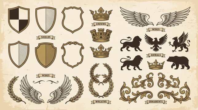 Premium Heraldic Crest Vector Collection with Shields, Crowns, Wings, Laurels and Royal Emblems