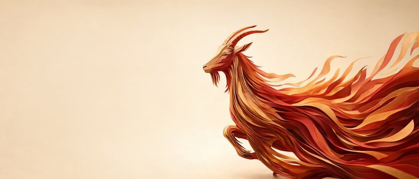 Minimalist Paper Cut Fire Goat Ornament for Celebration Background with Large Blank Copy Space.
