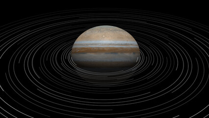 Massive gas giant planet Jupiter orbits along glowing trajectory paths. Distant planet Jupiter reveals atmosphere. Cinematic planet Jupiter for astronomy videos. © EVM
