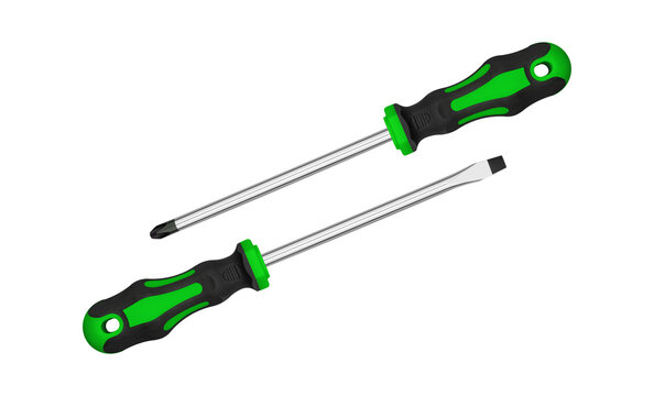 High quality Green hand tools isolated on white backdrop. Rubber grip screwdrivers asset for technical maintenance, handyman service, and renovation layout