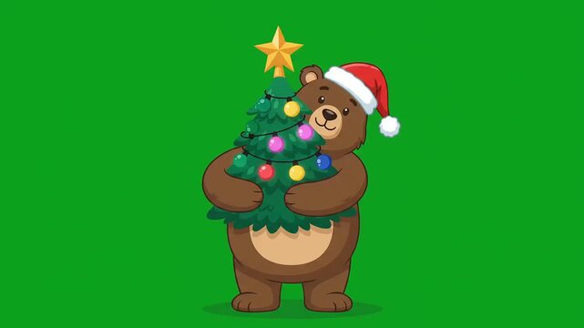 Cute cartoon brown bear wearing a festive Santa hat hugging decorated Christmas tree with glowing colorful lights and golden star on vibrant green chroma key background.