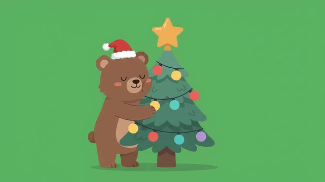 Sweet cartoon brown bear wearing Santa hat decorating a festive Christmas tree with colorful baubles and glowing lights on a green screen background for winter.