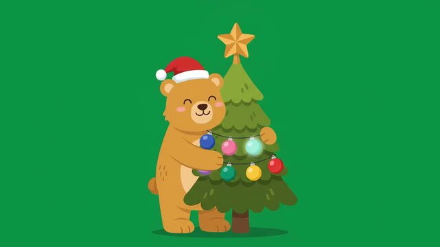 Cute animated cartoon bear decorating a glowing Christmas tree with colorful ornaments on a chroma key green screen background for holiday seasonal greeting videos.