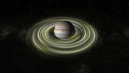 Massive gas giant planet Jupiter orbits with glowing dust ring in space. Majestic planet Jupiter reveals bands. Cinematic planet Jupiter for science documentaries. © EVM