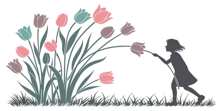 A silhouette of a young girl reaching out to touch a tulip in a garden of pink and teal flowers, illustrated in a flat style