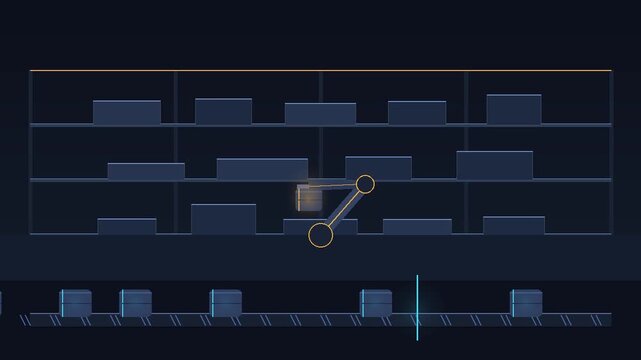 Robotic arm moving boxes in automated warehouse, smart logistics fulfillment center animation, industrial automation schematic on dark blue background