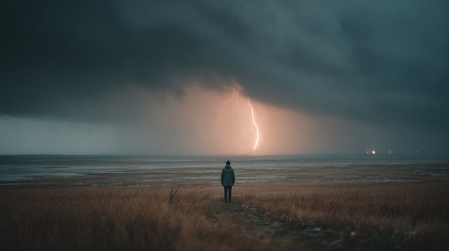 Person standing in a field with a lightning in the background