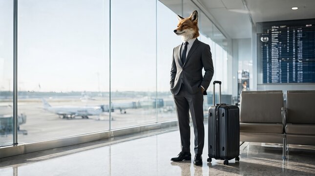 Anthropomorphic Fox Wearing A Charcoal Formal Business Suit Standing At A Modern Airport Window
