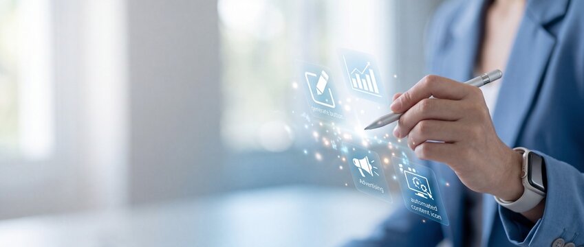 Professional using digital tablet with data visualization.
