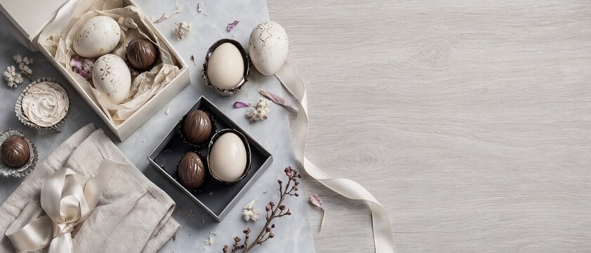 Elegant Easter Flat Lay with Artisan Chocolate Truffles Decorative Eggs and Satin Ribbon Accents.