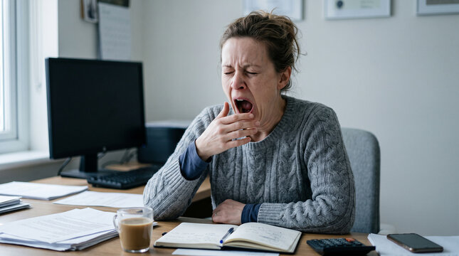 Woman yawning and looking tired in a cozy home office during winter  