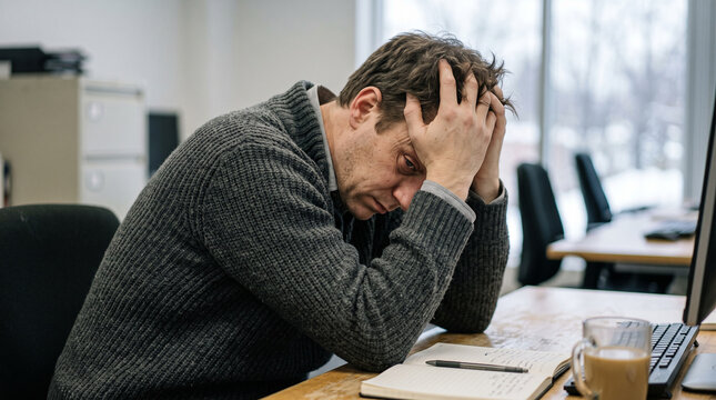 Man feeling overwhelmed at desk in winter office environment  