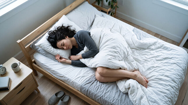 Young woman sleeping in a cozy bed during winter slump  