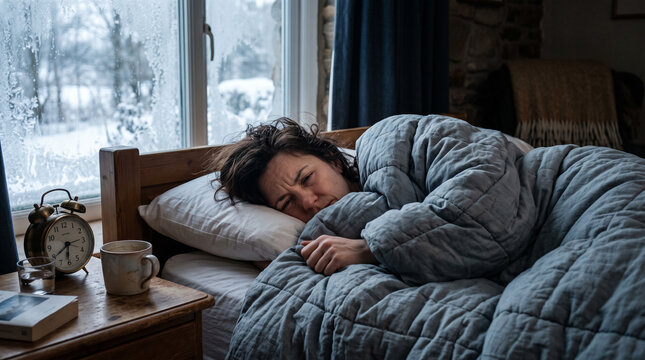 Woman struggling to wake up in a cozy winter bedroom  