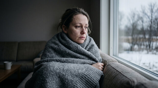 Woman wrapped in blanket sitting on sofa during winter slump  
