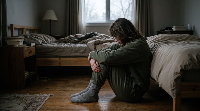 Person sitting on the floor in a bedroom experiencing winter slump  