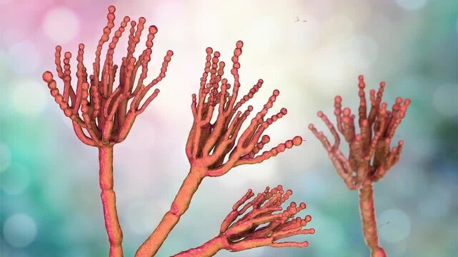 Penicillium, 3D animation. Filamentous mould with characteristic brush-like conidiophores and chains of conidia, important in medicine, food production, biotechnology and environmental microbiology.