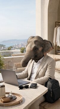 Professional Elephant in Tailored Suit Working on a Laptop at a Modern Remote Office Terrace View.