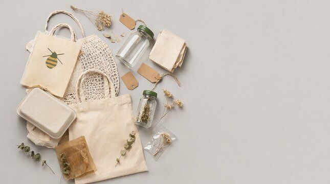 Eco Friendly Sustainable Shopping Flat Lay with Reusable Bags, Glass Jars and Natural Materials.