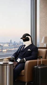 Anthropomorphic Penguin Businessman Sitting in a Modern Luxury Airport Transit Business Lounge