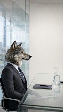 Serious Executive Wolf in Styled Corporate Business Attire Sitting Inside a Modern Glass Boardroom.