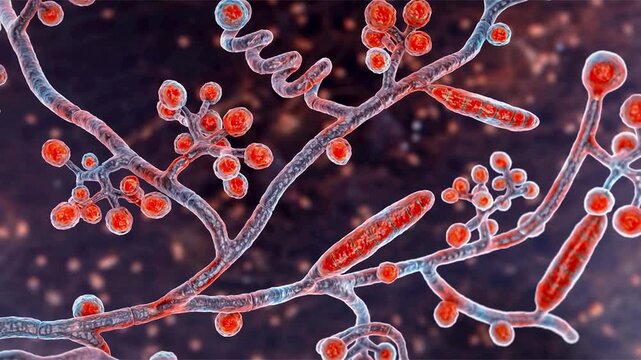 Trichophyton mentagrophytes, 3D animation. Dermatophyte fungus with septate hyphae and conidia, a common cause of ringworm, athlete's foot and other superficial skin, hair and nail infections.