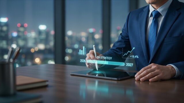 Corporate executive in a sharp blue suit working on strategic financial planning using an advanced digital tablet interface