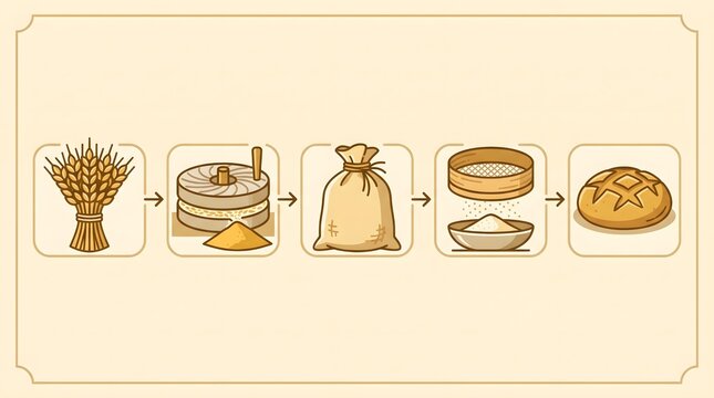 Vintage bread making process vector infographic, wheat production steps diagram icon set, bakery workflow illustration
