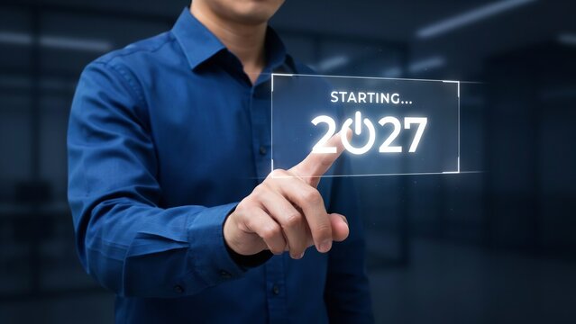 Professional businessman touching futuristic digital interface screen projecting glowing text and numbers indicating upcoming year twenty twenty seven