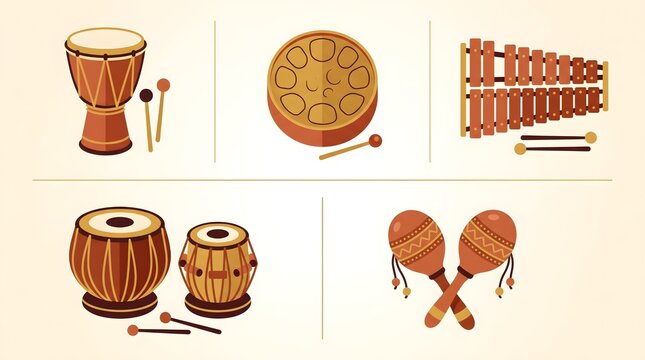 Traditional percussion instruments set, flat style ethnic musical instruments collection, djembe drum xylophone tabla and maracas illustration