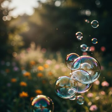 Iridescent soap bubbles floating gently through a magical sunlit garden filled with colorful blooming flowers during spring