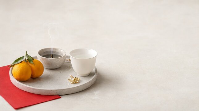 Minimalist Lunar New Year Celebration Vignette with Citrus Fruit Teacup and Incense Bowl Decor
