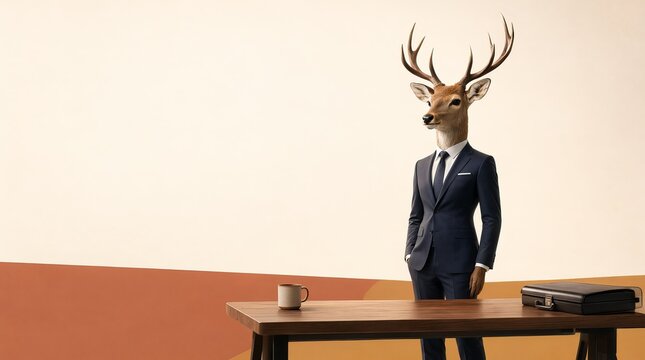 A sophisticated anthropomorphic deer businessman wearing a dandy navy suit in a professional office.