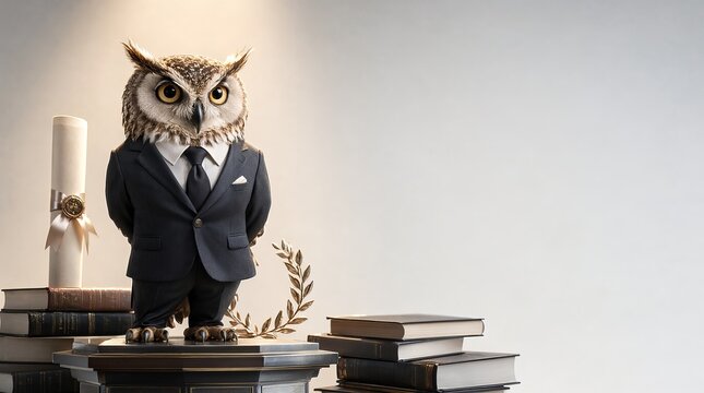 Professional Anthropomorphic Owl Business Executive Standing With Educational Diploma Background.
