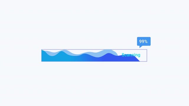 Minimal flat vector animation of a blue progress bar with layered flowing wave shapes and a floating percentage indicator on a light background, ideal for data processing interfaces, software loading 