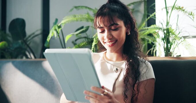 Happy, woman and tablet research in office for garden writer, editing blog post or reference reading. Typing, person or review for plant care app, article or planning niche pitch for gardening column