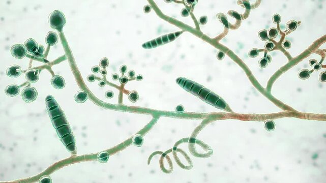 Trichophyton mentagrophytes, 3D animation. Dermatophyte fungus with septate hyphae and conidia, a common cause of ringworm, athlete's foot and other superficial skin, hair and nail infections.