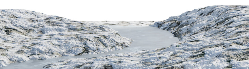 Snowy mountain terrain with frozen lake valley isolated on transparent background for winter environment rendering. 3D rendering PNG asset © EcoSpace
