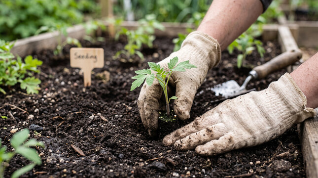 Gardener planting seedlings in a vegetable garden in spring  