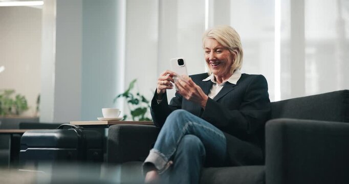 Business, woman or phone in airport lounge for video call, flight info or layover update for trip. Transit lobby, happy mature person and virtual chat with host client, follow up and corporate travel