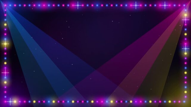Stage spotlight beam frame animation with flashing glowing lights and colorful neon background.