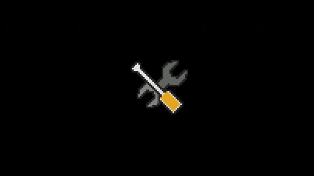A steel wrench and amber screwdriver cross in a pixel tool icon with automatic alternating working motions in an eight second transparent loop.