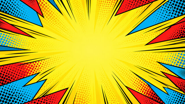 Pop art comic book style background with yellow sunburst and action lines