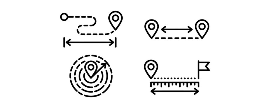 Set of distance and location navigation icons for map interface design.