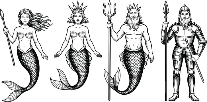 PrintVintage mermaid and merman line art vector set, mythical underwater sea creatures engraving sketch illustration