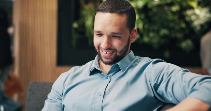 Tablet, business and man in hotel lobby with positive update, check schedule and financial email. Tech, travel and happy person in lounge with feedback, asset report or scroll with project review