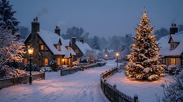 Magical winter village scene with illuminated christmas tree and snow covered homes